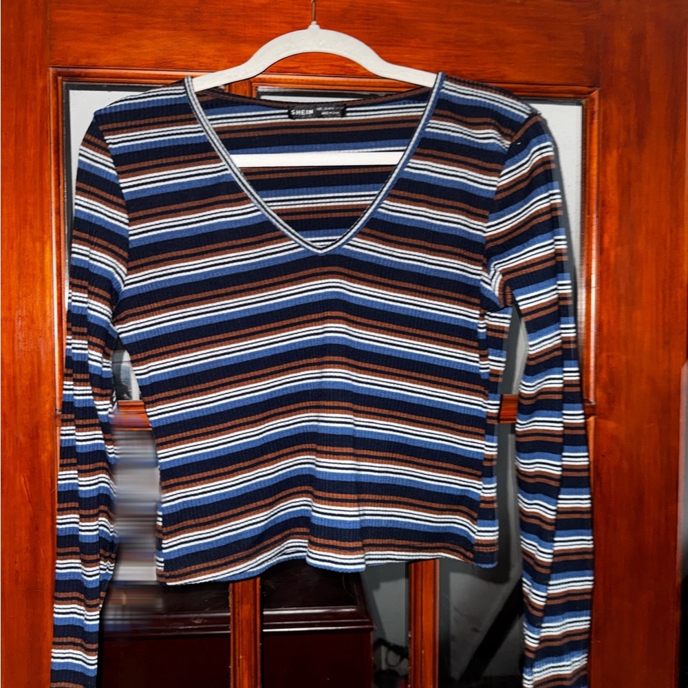 SHEIN Multicolor Striped V-Neck Long Sleeve Top
